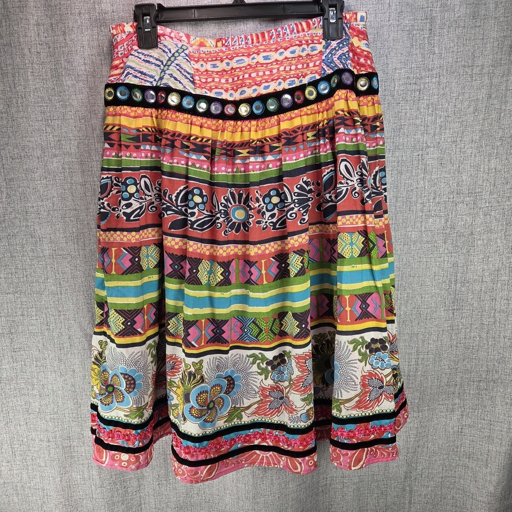 VTG Banjara Skirt WD.NY India Patchwork Ribbon Trim Linen Full Tiered SZ 8 Midi - Picture 6 of 11